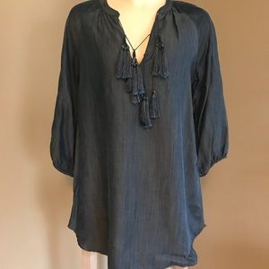 Denim tunic with tassel detail neckline
